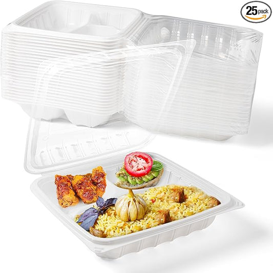 YANGRUI Plastic Containers 8" 34 oz 25 Pack - Reusable Fog Free Crystal Lid Technology | BPA Free PP Freezer & Microwave Safe Shrink-Sealed Takeout Box | White Restaurant 3 Compartment Food Container