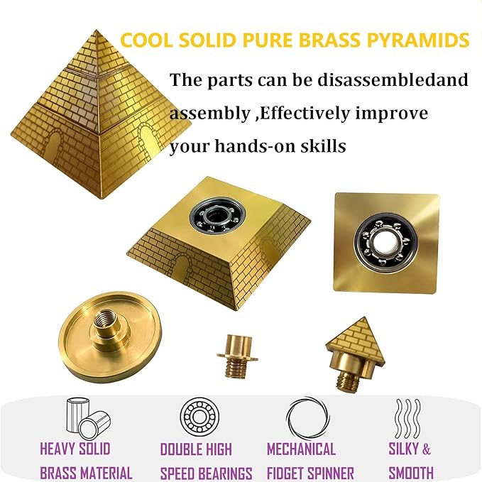 NBZOSENG® Rotating Pyramid Fidget Toy, Solid Brass Metal Desk Decor for Office & Home, Stress Relief & Anxiety Relief Gadget for Adults, Cool Focus Tool for ADHD Autism (Gold Luxury Executive Gift)