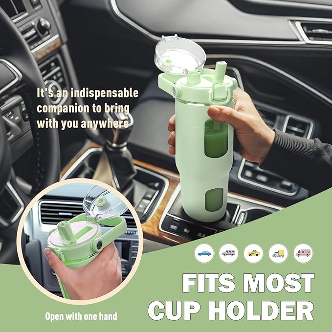 BLUEGO 32oz Glass Water Bottles with Straw Time Marker Half Gallon Large Motivational Water Bottle with Silicone Sleeve 2 Liter Large Glass Water Jug for Gym, Sports& Workout, Daily, Green