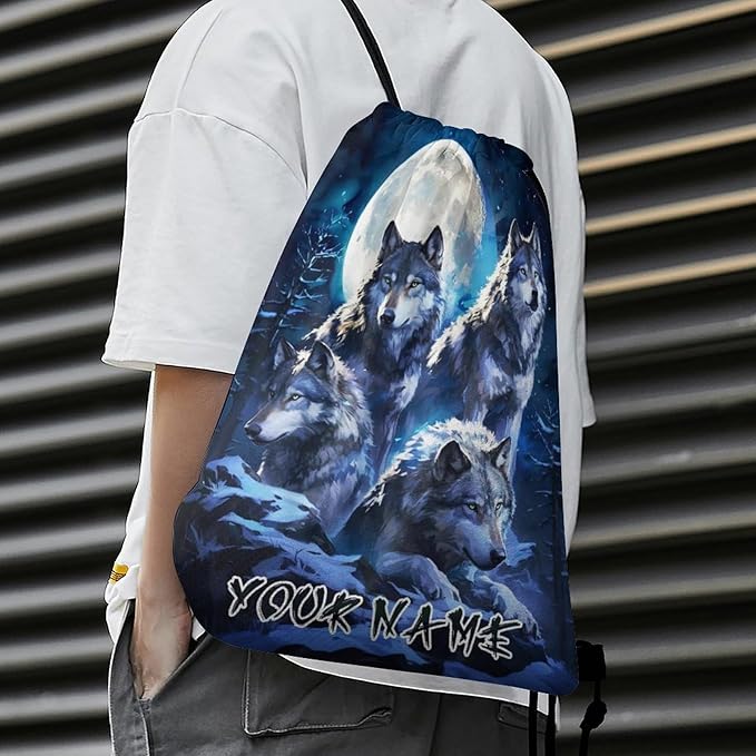 Custom Wolf Drawstring Backpack - Cute Cinch Sack, String Backpacks for Women Men Kids Boys Girls for Gym Outdoor Sports Travel Athletic Drawstring Bag - Lightweight/Foldable