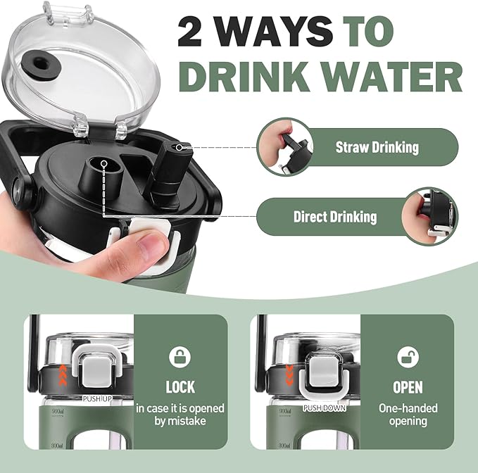 BLUEGO 40 oz Glass Water Bottles with Straw Time Marker, Glass Tumbler with Handle Top Lids, Easy to Clean, Fits in Car Cup Holder, Leakproof Jug for Gym, Sports, Workout & Daily, Olive