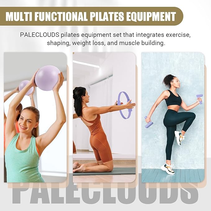 Pilates Ring Set, Pilates Essential Kit with Pilates Ring and Ball, 2.2lb *2 Ergonomic 7-Shaped Dumbbells, Portable Bag & Training Poster, at Home Workouts Pilates Sets for Women