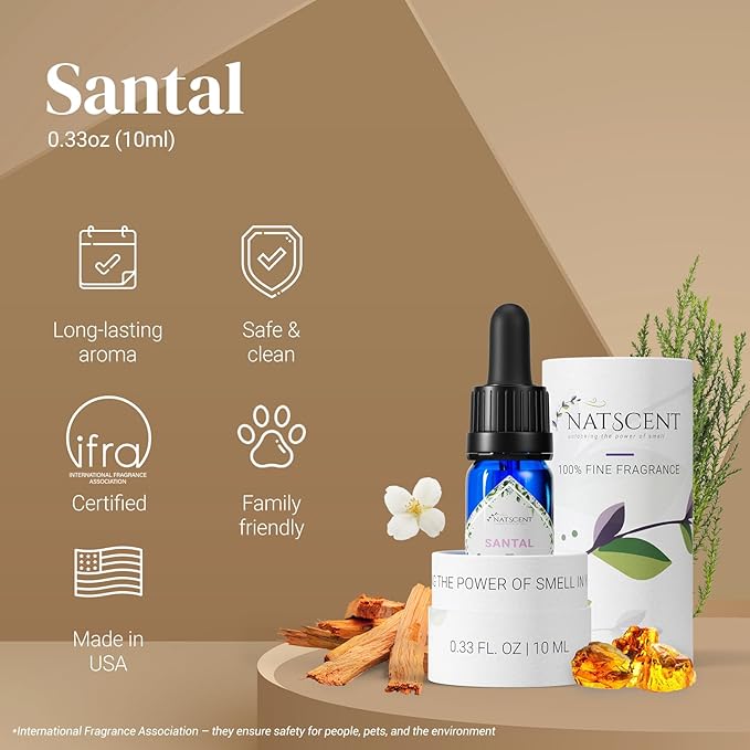 Santal Essential Oils for Diffusers for Home, Nature-derived Sandalwood Essential Oils, Long-Lasting & Family-Friendly Diffuser Oils Scents, IFRA Certified, Cold Air & Ultrasonic - 0.33 oz