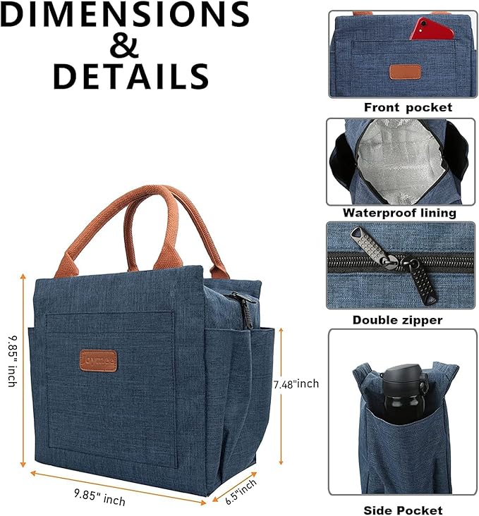 Joymee Lunch Bag Women Insulated Lunch Box Reusable Leakproof Large Spacious Tote for Women Men Adult with Bottle Holder and Side Pockets for Work Picnic Travel - Navy Blue