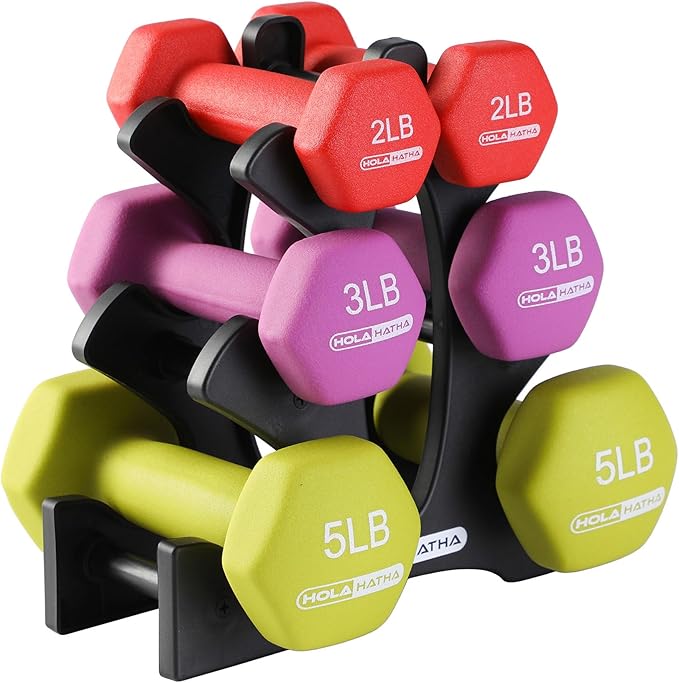 HolaHatha 2, 3, 5, 8, and 10 Pound Neoprene Dumbbell Free Hand Weight Set with Rack, Ideal for Home Exercises to Gain Tone and Definition, Pastel
