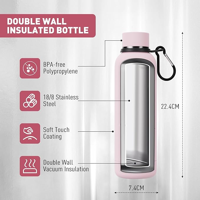 Slim Insulated Water Bottles for Travel 18oz with Clip, Double Wall Vacuum Stainless Steel Water Bottle Keeps Drinks Cold 24 Hrs/Hot 12 Hrs, 100% Leakproof, BPA Free(Pink)