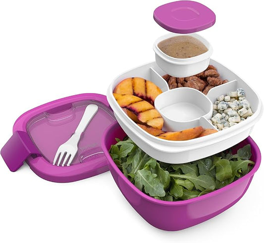 Bentgo Salad Container - 54 oz Bowl with 4-Compartment Toppings Tray, Leak-Proof Dressing Container, Reusable Fork, BPA-Free Lunch Box for Meal Prep & Food Storage; Removable Bento Tray (Purple)