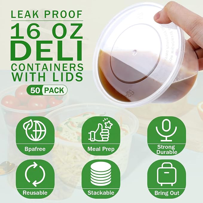 16 OZ [50 Set] Plastic Deli Food Storage Containers with Leak-Proof Airtight Lids BPA Free Disposable Togo Clear Containers for Soups, Heavy-Duty Ice Cream Microwave Dishwasher Freezer Safe