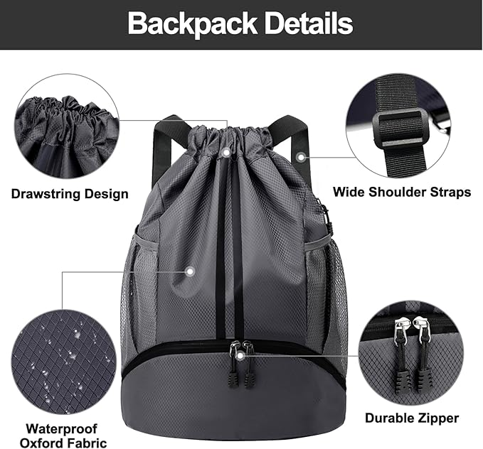 Hoedia Sports Drawstring Backpack - String Swim Gym Bag with Shoes Compartment and Wet Proof Pocket for Women and Men, Dark Grey
