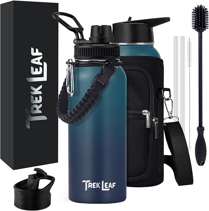 Travel Water Bottle with Carrying Bag, 3 Lids (Spout, Straw, Flip), and Bottle Brush; Leak Proof, Quality, Vacuum Insulated, Stainless Steel (Deep Water, 32 oz)
