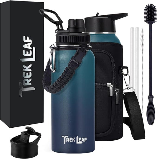 Travel Water Bottle with Carrying Bag, 3 Lids (Spout, Straw, Flip), and Bottle Brush; Leak Proof, Quality, Vacuum Insulated, Stainless Steel (Deep Water, 32 oz)