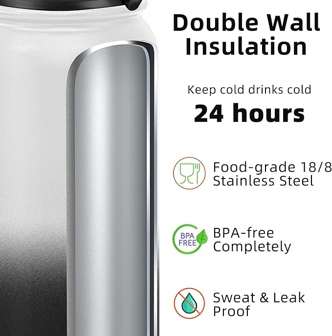 Fanhaw 32 Oz Stainless Steel Insulated Sports Water Bottles with Straw for Kids, Men and Women (White Black)