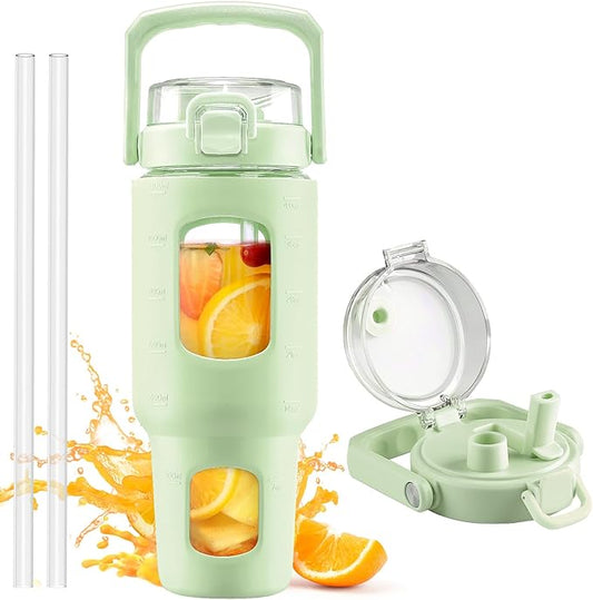 BLUEGO 40oz Glass Tumbler with Lid and Straw, Glass Water Bottles with Handle, Glass Cup with Time Marker and Silicone Sleeve, Fits Most Cup Holder, Leak-proof, Green