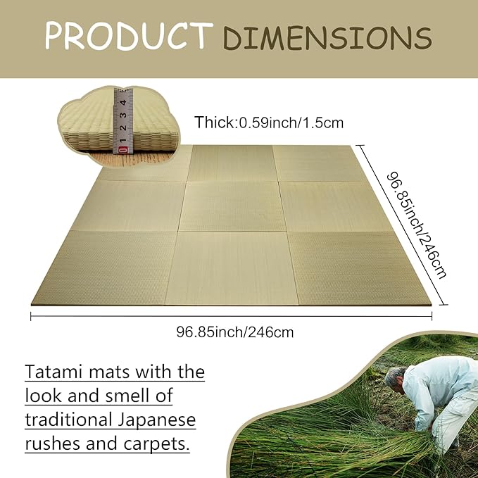 HAGiHARA Japanese Tatami Mat, Patchwork Tatami Floor Mats, 96" x 96" Foldable Square with Non-Slip Design for Bedroom, Crawling and Yoga, Made of Rush Grass, Igusa(Without Edge/9 Picecs)