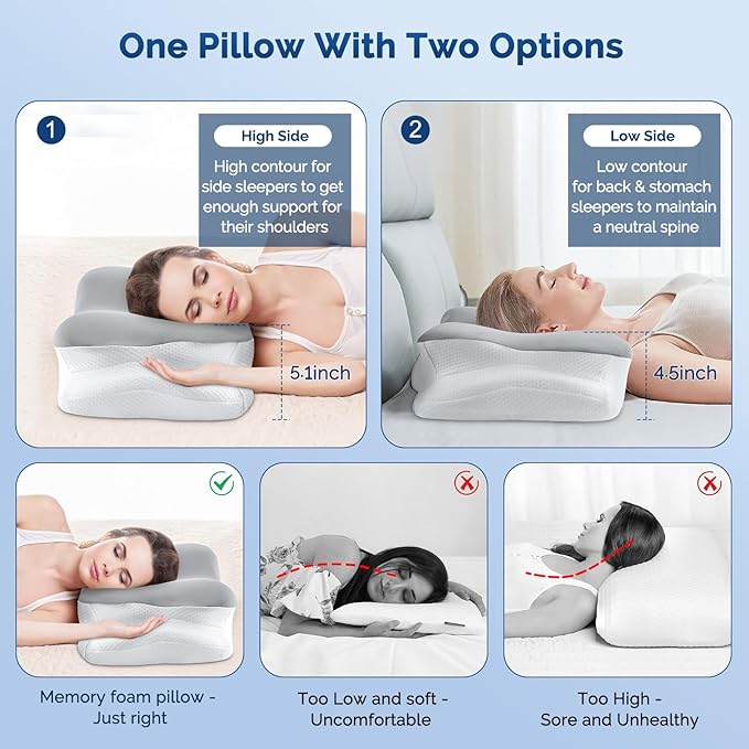 Cervical Neck Pillow, Ergonomic Side Sleeper Pillow for Neck Support, Cooling Memory Foam Pillows for Sleeping, Contour Orthopedic Bed Pillows for Side Back Stomach Sleepers with Removable Pillowcase