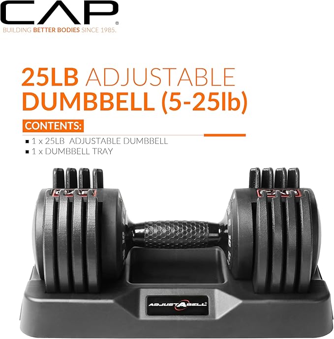 CAP Barbell ADJUSTABELL Adjustable Round Dumbbell Weights - Singles & Pairs | 12.5 lb, 25 lb & 55 lb | Multiple Handle Options