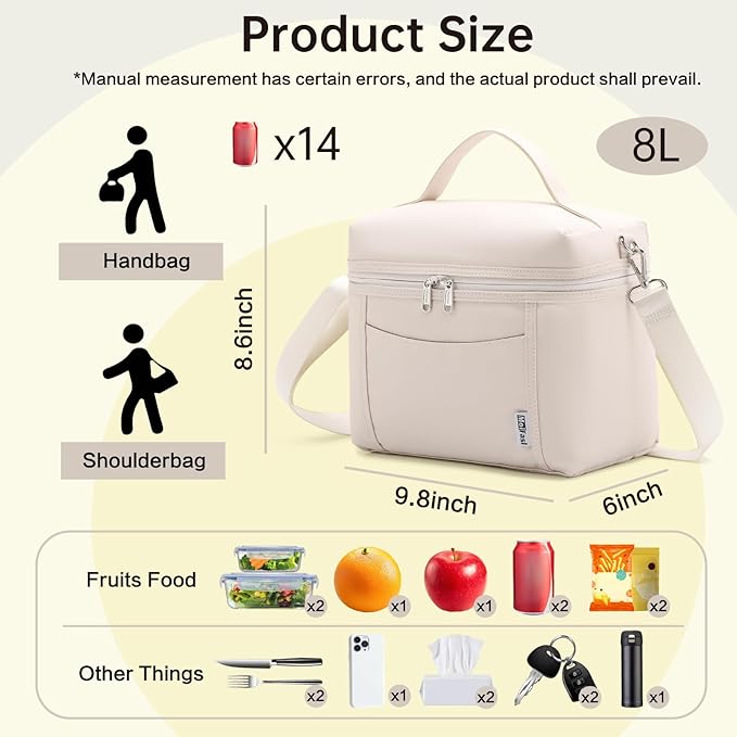 Insulated Lunch Bag Portable Lunch Box Bag Men Women Leakproof Lunch Cooler Bag with Adjustable Strap Adult Lunch Box for Office Picnic Travel Off White