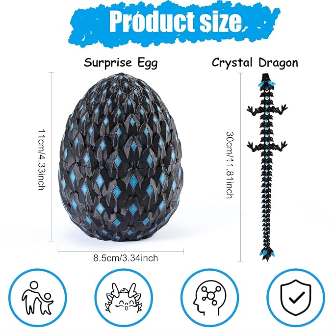 11.81" 3D Printed Glow in The Dark Dragon with Egg & USB UV Flashlight, Crystal Articulated Dragon Fidget Toy for Kids, Dragon Egg Gift for Boys Girls Ages 4+, Birthday Halloween