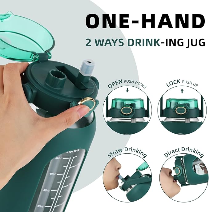 SIEROZUR 74oz Glass Water Bottle with Straw and Lid Large Gallon Water Jug with Silicone Sleeve and Handle 2.2 liter Wide Mouth Bottle with Time Marker for Gym Sports& Workout