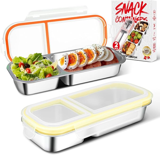 2 Pack Stainless Steel Snack Containers with Lids - Reusable 2 Compartment Snackle Box Container Divide Wet Dry Leakproof Metal Food Storage Containers for School, Home, Travel (Yellow + Orange)