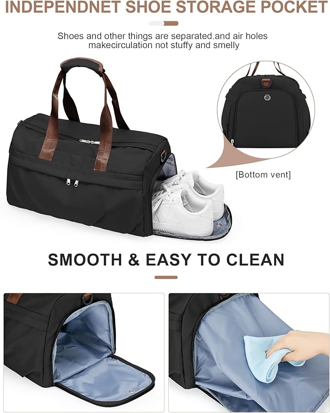 Gym Bag for Women Men with Shoe Compartment, Sport Duffel Bag, Waterproof Travel Weekender Overnight Carry on Bag for Yoga with Trolley Sleeve, Black Brown