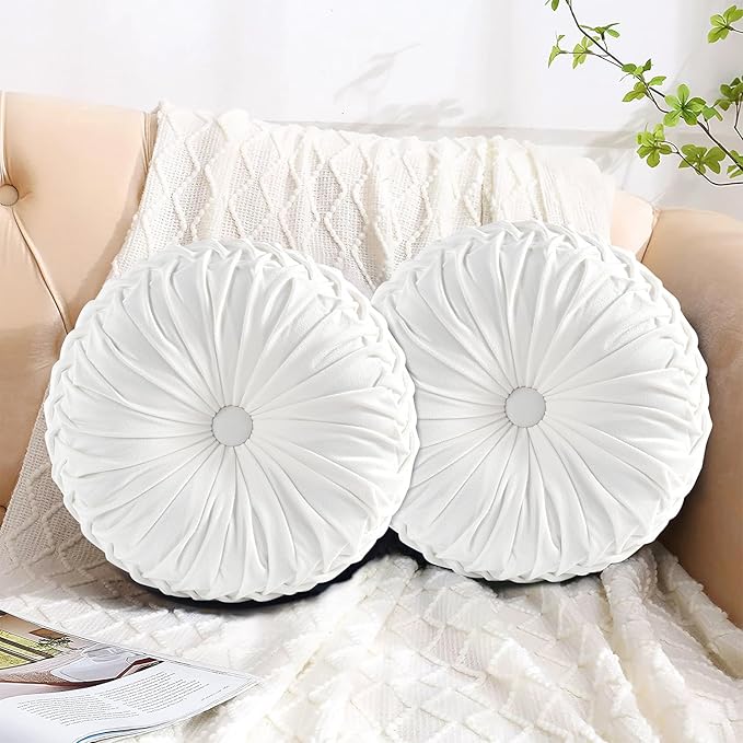HIG Set of 2 Decorative Round Pleated Throw Pillows, Classy Accent Pumpkin Throw Pillows with Center Button, Vintage Velvet Floor Pillows for Sofa Vanity Chair Bed, White, 14.5" Diameter(Ripple)
