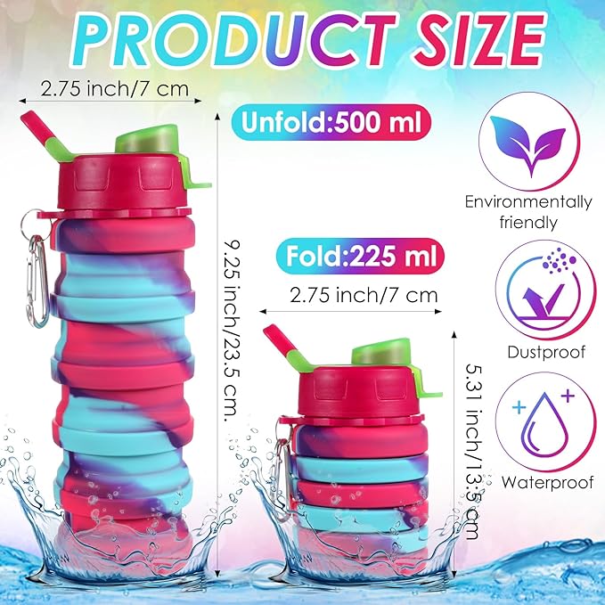 5 Pack Collapsible Water Bottles 17 oz Silicone Portable Lightweight Foldable Water Bottle with Carabiner Leakproof Reusable for Travel Camping Hiking Cycling Sport Outdoor(Rainbow)