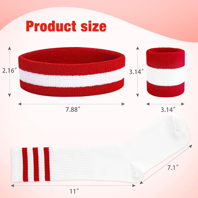 ONUPGO 5 Pieces Sweatbands Striped Socks Set Sports Headband Wristbands High Tube Socks 80s Accessories Costumes