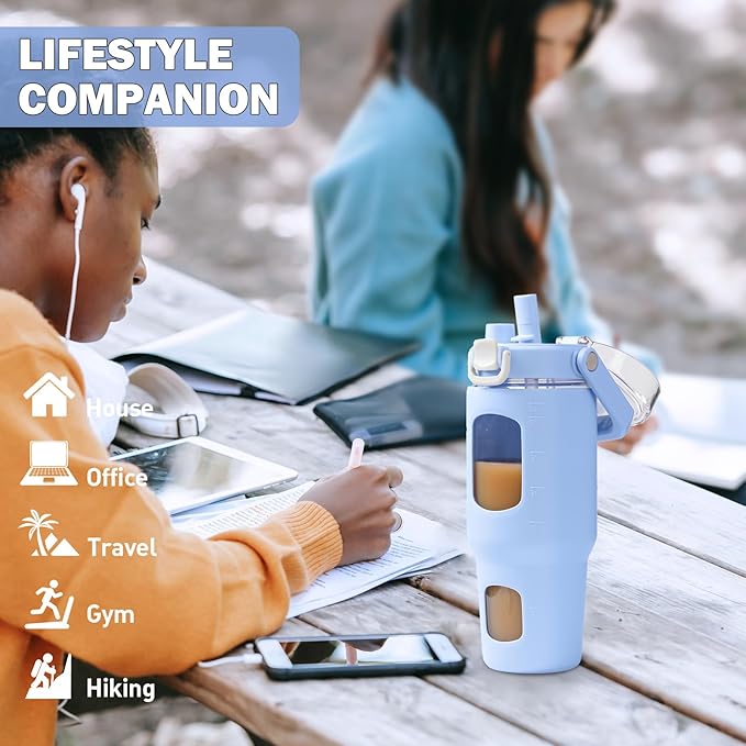 BLUEGO 32oz Glass Tumbler with Lid and Handle, Iced Coffee Cup with Straws, Glass Water Bottle with Silicone Sleeve and Volume, Marker Glass Cup with Time Marking, BPA Free, Blue