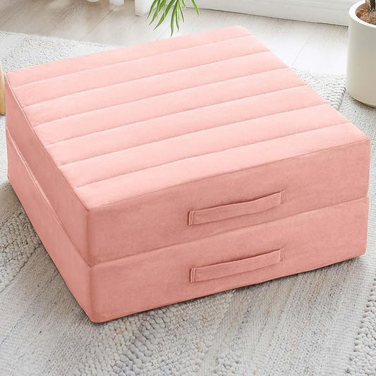 2 Pcs High Density Foam Floor Pillow - Upgraded Large Pillows Seating for Adults - Outdoor Floor Cushion with Soft Tufted Cover - Yoga Pillows for Sitting On Floor - 22 Inch Pink