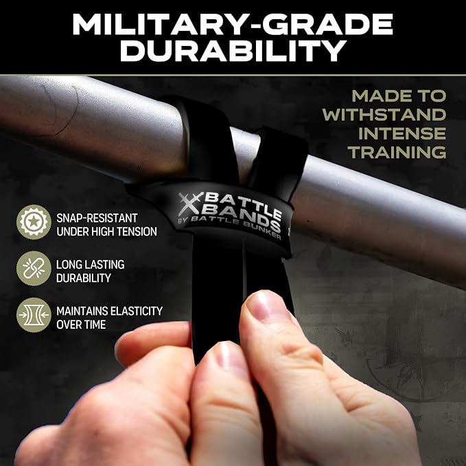 Battle Bunker Premium Resistance Bands - Natural Exercise Bands for Strength Training, Pull-Ups & Recovery - Fitness Band for Home, Gym & Mobility Workouts- Crush Your Goals Anytime- 3-Pack- 10-125lbs