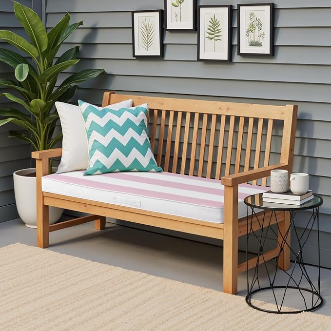 Crestlive Products Outdoor Bench Cushion 42 x 18 Inch, Waterproof Patio Bench Cushions for Outdoor Furniture, Porch Swing Replacement Pad with 30D Foam, Adjustable Straps, Pink White Stripe