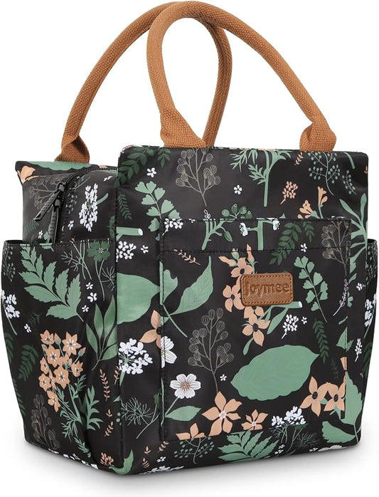 Joymee Lunch Bag - Green Leaf, Women's Insulated Reusable Durable Leakproof Large Spacious Cooler Tote for Office, Picnic, Camping