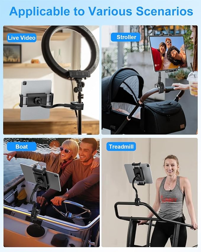 Gooseneck Tablet Holder with Flexible Long Arm, Anti-Slip iPad Clamp Mount for Treadmill/Spin Bike/Stroller/Wheelchair/Elliptical/Boat/Mic Stand/Peloton/Indoor Cycle, Fits 4-13" Device