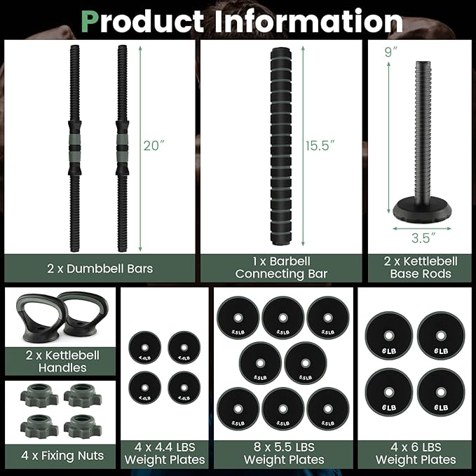 GYMAX Adjustable Dumbbell Set, 4 in 1 Free Weight Set with Connector, 92/47 LBS Used As Dumbbells, Barbells, Kettlebells, Push up Stands, Weight Lifting Training Equipment for Home Gym Workout Exercise