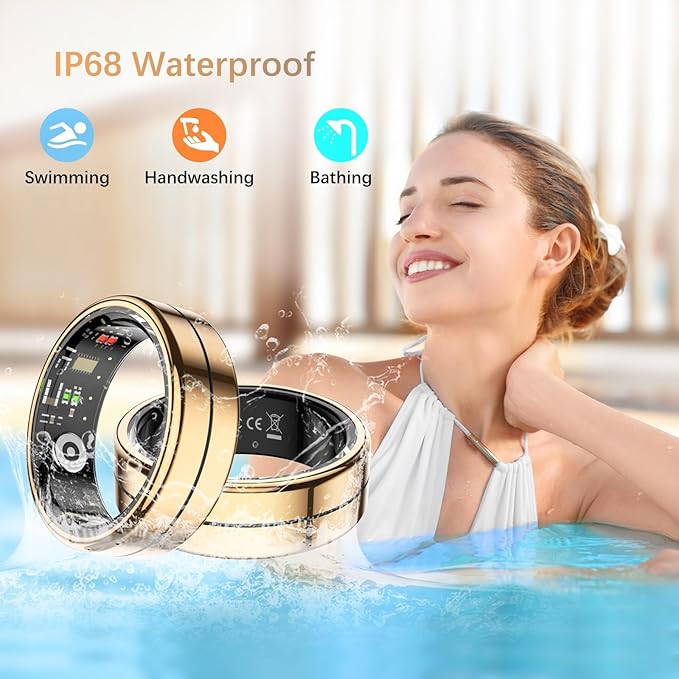 Fit Ring, Smart Health Rings for Women Men with Heart Rate,Blood Oxygen,HRV,Stress Level, Sleep Monitor, Step Tracker, No Subscription Fee, IP68 Waterproof Smart Ring for iphone &Android (Gold, 13#)