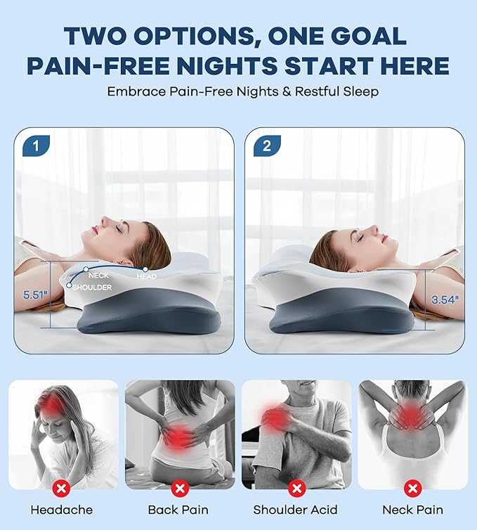Cervical Pillow for Neck Pain Relief -Cooling Ergonomic Memory Foam Pillow with Ice Silk Pillowcase, Dual-Height Orthopedic Support Contour Pillow for Side/Back/Stomach Sleepers, CertiPUR-US Certified