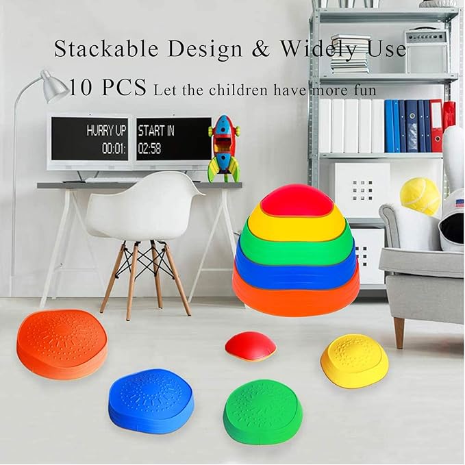 10 PCS Stepping Stones Balance Obstacle Course for Kids, Indoor Outdoor Sensory Play Equipment Helps Build Coordination and Stability, Non-Slip Textured Surface and Rubber Edging