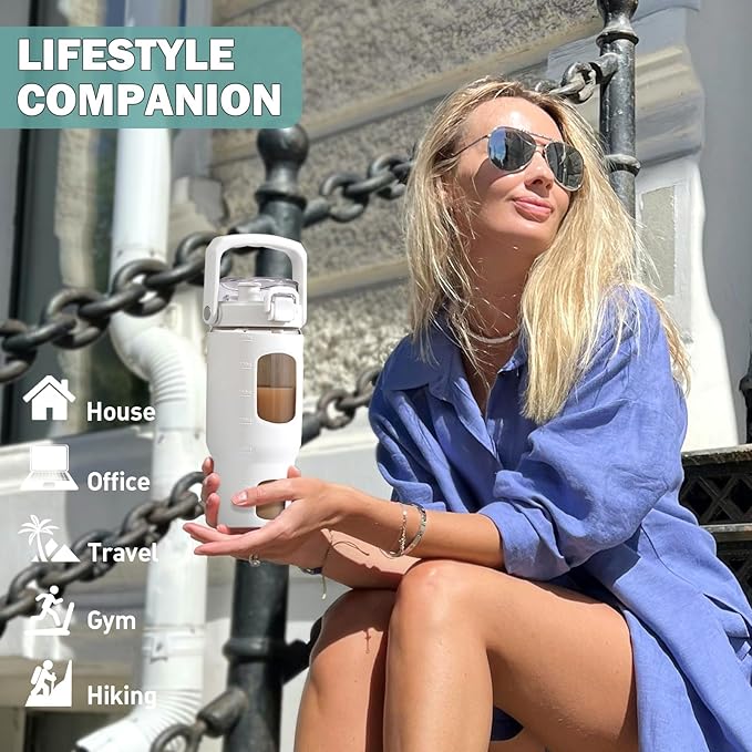 BLUEGO 32oz Glass Tumbler with Lid and Handle, Iced Coffee Cup with Straws, Glass Water Bottle with Silicone Sleeve and Volume, Marker Glass Cup with Time Marking, BPA Free, White