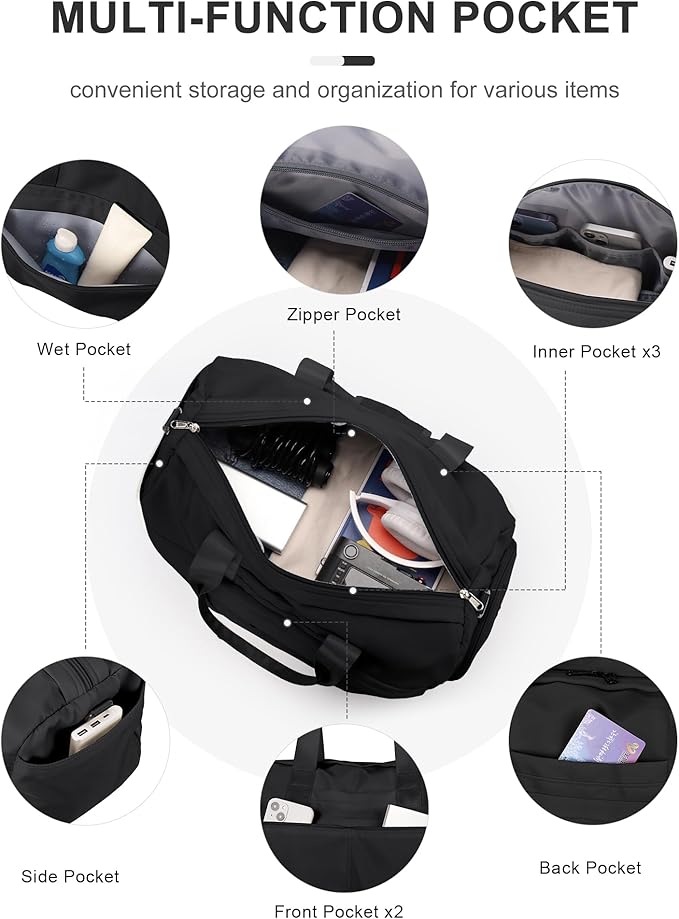 Gym Bag for Women Men, Sport Duffel Bag with Toiletry Bag & Shoe Compartment,Waterproof Travel Weekender Overnight Carry on Bag for Yoga with Trolley Sleeve, Black Set