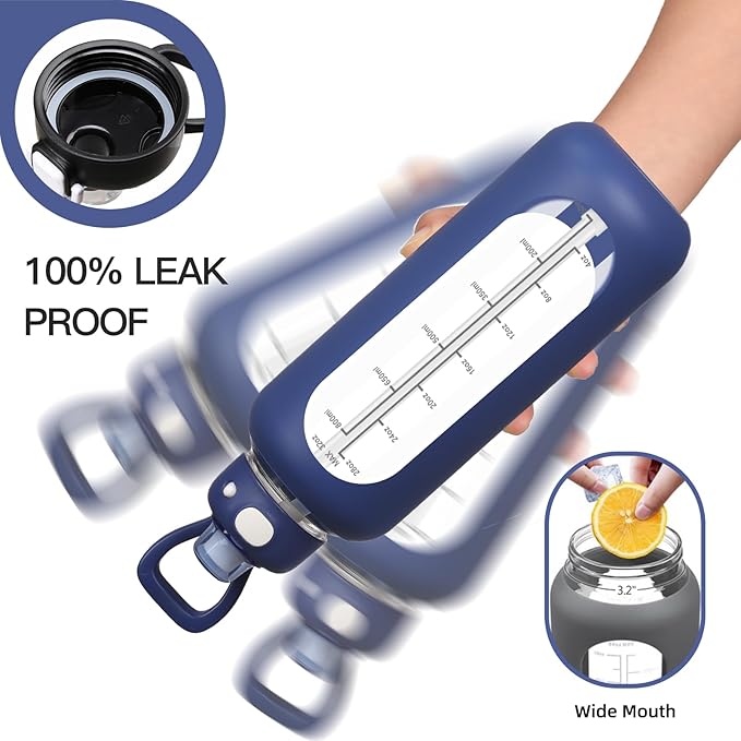 SIEROZUR 32 Glass Water Bottle with Straw and Handle Motivational Water Bottles with Silicone Sleeve and Time Marker Leakproof Borosilicate Water Bottle for Gym Home Office