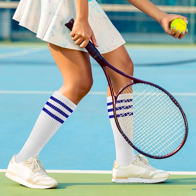 ONUPGO 5 Pieces Sweatbands Striped Socks Set Sports Headband Wristbands High Tube Socks 80s Accessories Costumes