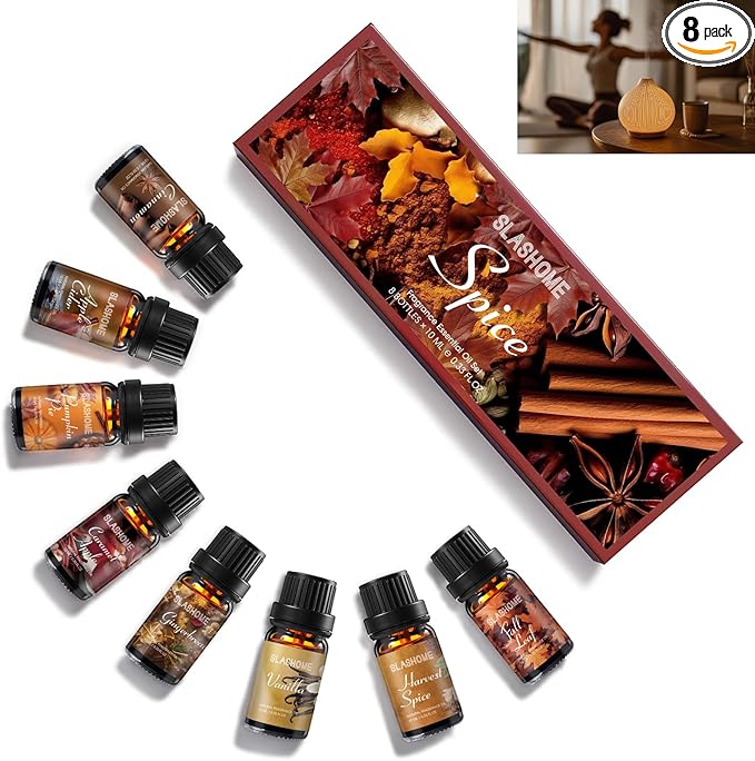 ﻿Fall Essential Oils Set | 8 Pcs Autumn Essential Oils for Diffusers for Home, Fragrance Oil for Candle, Aromatherapy Gift Set | Pumpkin Pie, Cinnamon, Apple Cider, Vanilla, Fall Leaf & More