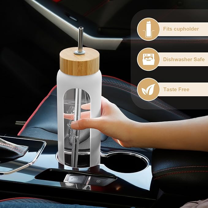 32 oz Glass Water Bottles - 1 Liter Motivational Tumbler Water Bottle Time Marker - Borosilicate Glass Water Bottle With Silicone Sleeve and 2 Lids, Handle Spout & Bamboo Straw Lid