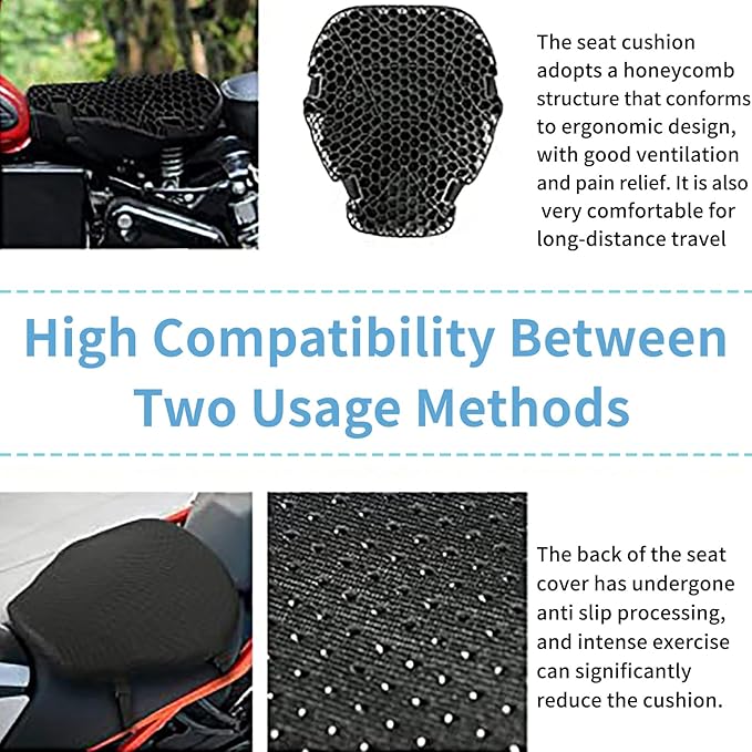 Heran Motorcycle Gel Seat Cushion, 3D Honeycomb Structure & High Elasticity Gel Material Breathable Shock-Absorbing Seat Cover for Comfortable Long-Distance Riding
