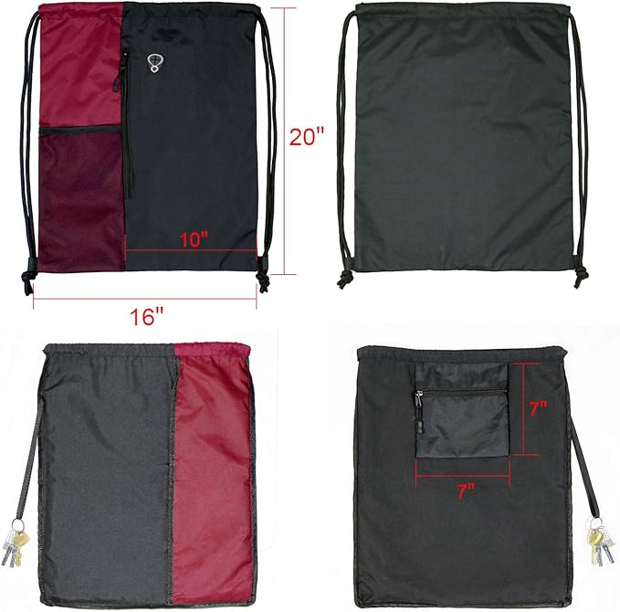 BeeGreen Maroon Drawstring Backpack Sports Gym Bag for Women Men Large String Backpack With Zipper and Water Bottle Mesh Pockets Cinch Sack Workout Bag, 16" x 20"