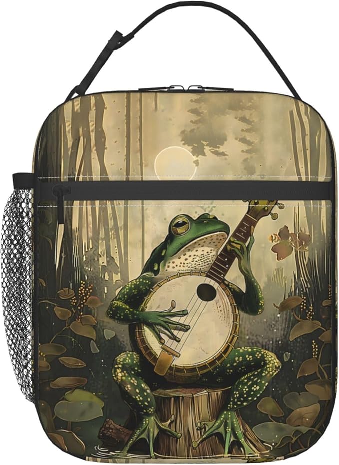 Frog Polyester Lunch Box for Kids Teen,Forest Banjo Reusable Thermal Lunch Bag for Adult Women,Animal Insulated Tote Cooler Bags for School,Work,Picnic,Travel,Enchanting Woodland Theme