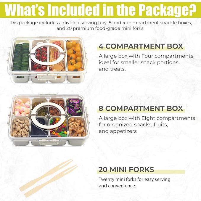 Divided Serving Tray with Lid & Handle| Multi-Purposed Snackle Box Bundle 8ct & 4ct Dividers 20pc Mini Forks| Snackle Box Container for Fruits Nuts Candy Charcuterie Platters Road Trips Picnics