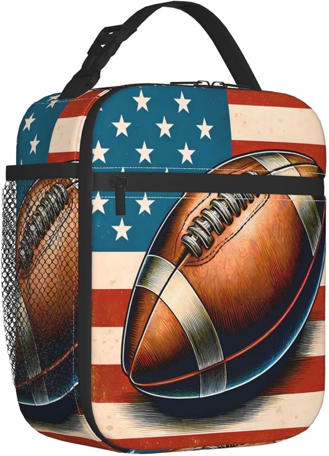 Football Polyester Lunch Box for Kids Teen,American Flag Reusable Thermal Lunch Bag for Adult Women,Sport Insulated Tote Cooler Bags for School,Work,Picnic,Travel,Stars and Stripes Theme