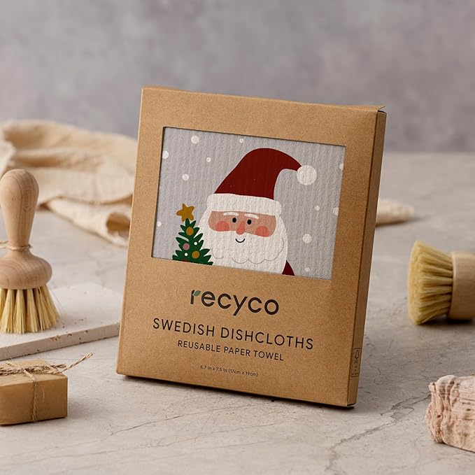 RECYCO 4 Pack Christmas Swedish Dishcloths for Kitchen | Classic Red Washable Dish Towels | Cellulose Reusable Cleaning Paper Towels | Absorbent Counter Dish Cloth Sponge Kitchen Wipes, 7" x 8"